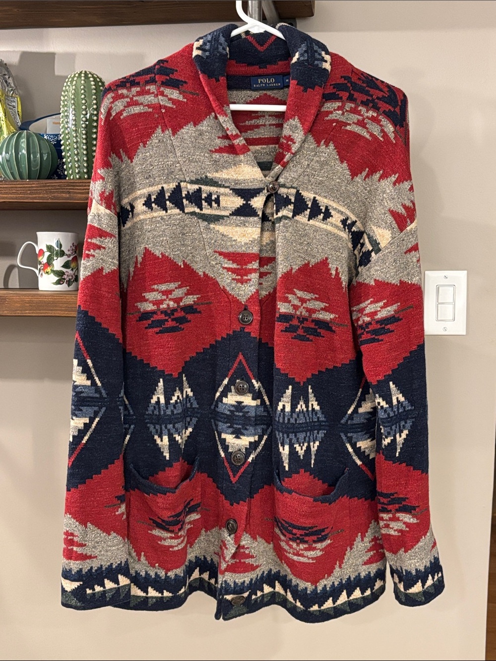 Polo by Ralph Lauren Red Navy Shawl-Collar Aztec Knit Cardigan